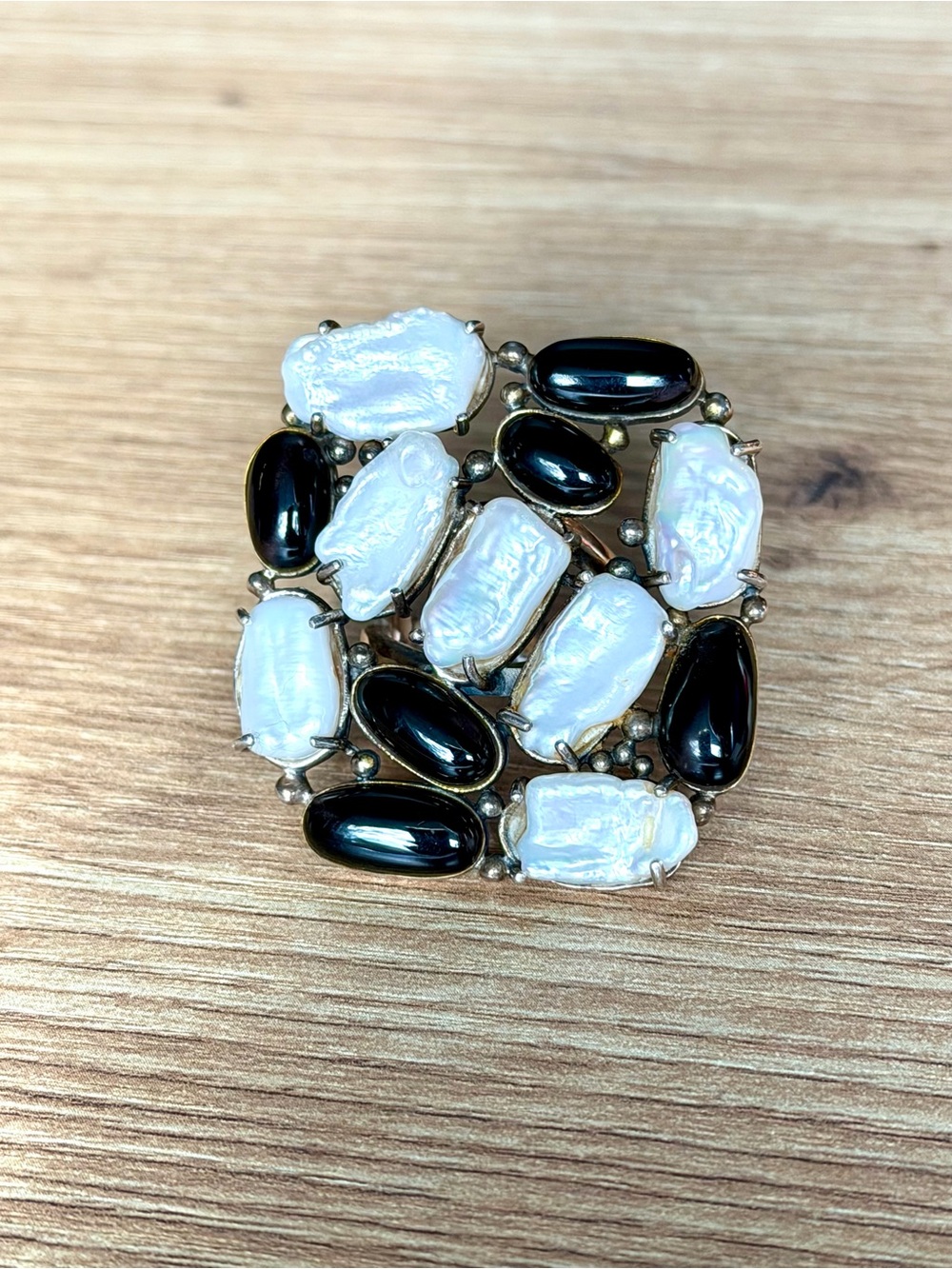 Vintage CFJ THAI 925 Sterling Silver Baroque Pearl Black Onyx Cluster Ring Sz 8